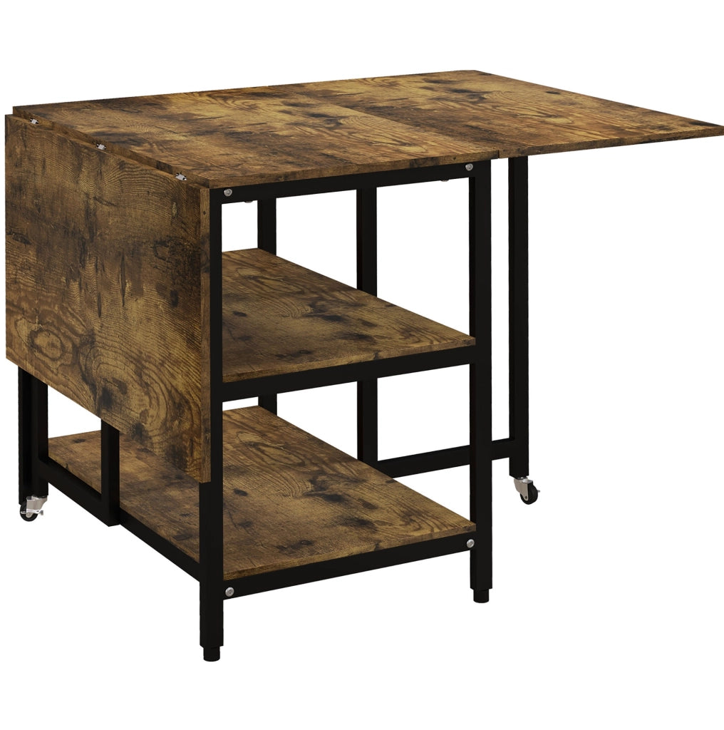Tavolo pieghevole 140x80x75 cm con 2 ripiani e ruote frenate in acciaio marrone