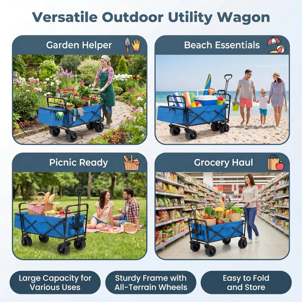 Carrello Spiaggia Pieghevole con Tetto, Carrello da Trasporto con Ruote Grandi e Borsa Portatutto, Carrello da Campeggio e Giardino, in Acciao Resistente, Chiusura Rapida, 100 KG, 100L (Blu)