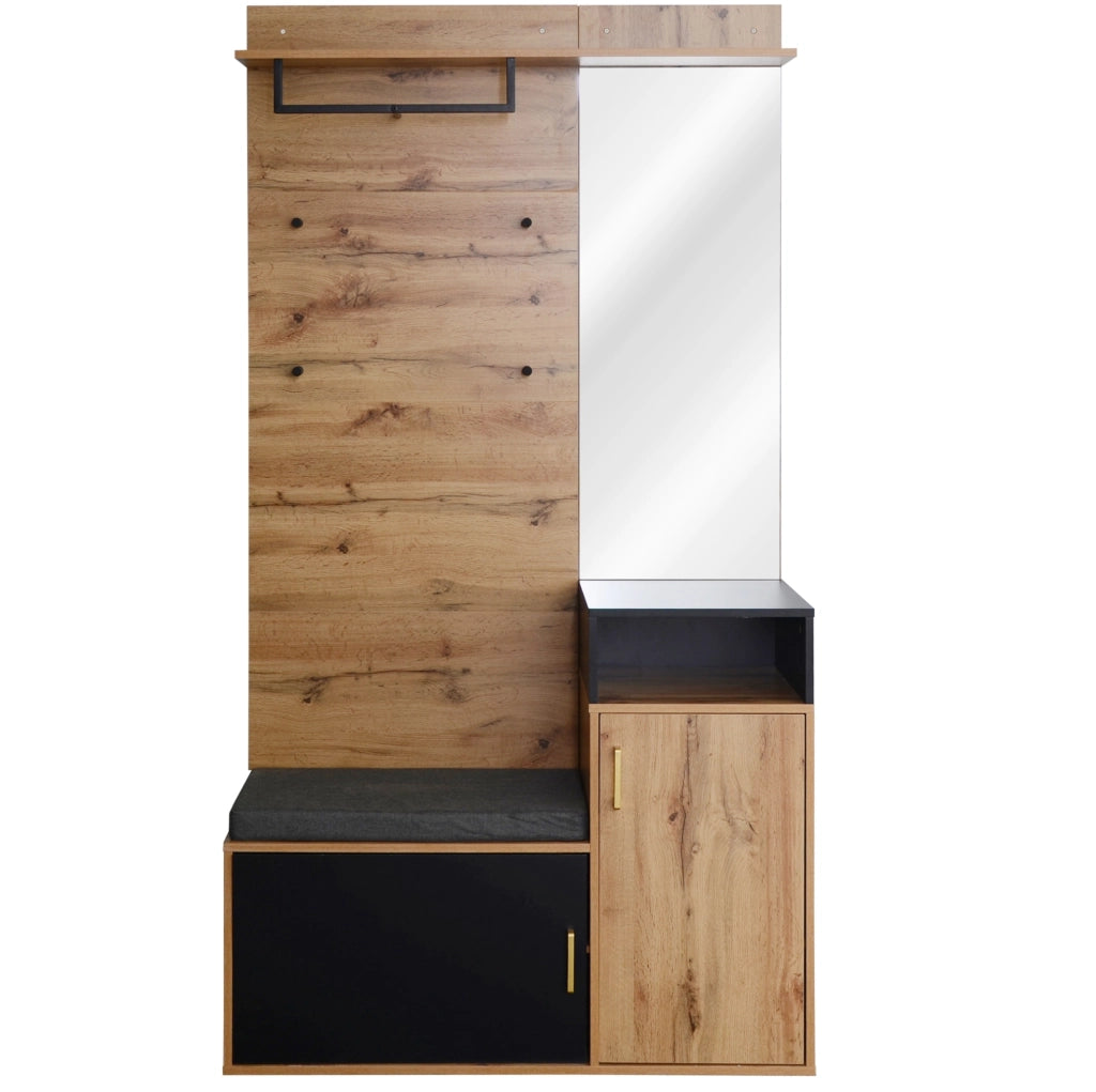 Mobile ingresso con specchio; scarpiera; 4 ganci e panca; 105x40x191;5 cm; nero e legno