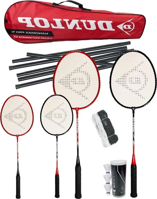Impianto da Badminton Famiglia Pro Ti - 2 racchette per adulti 2 racchette per junior - compreso rete paline borsa e 3 shuttlecock Rete da Badminton