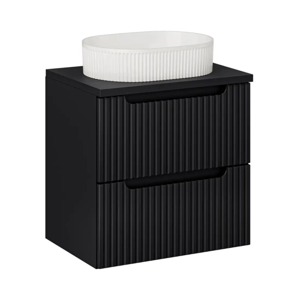 Set da bagno VANO 60cm: mobile sottolavabo con cassetti + top per lavabo + lavabo da appoggio con scanalature verticali