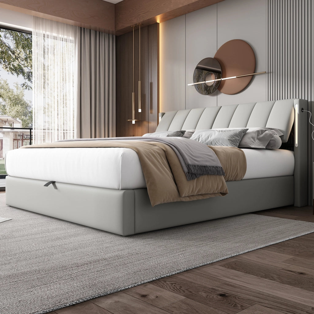 Letto imbottito 140x200 cm con LED; USB; testiera regolabile e contenitore; PU grigio