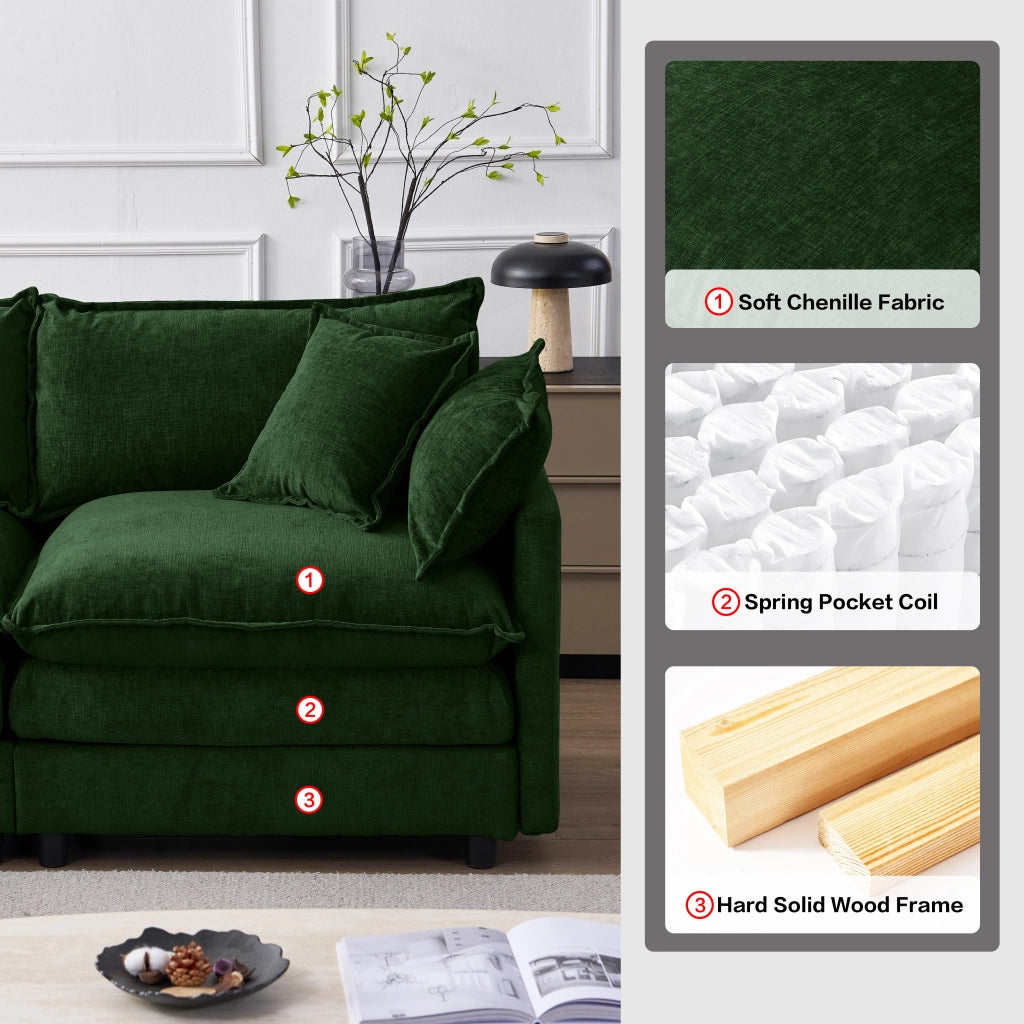 Divano angolare modulare con pouf mobile in chenille verde con seduta in memory schiuma e per 3 persone