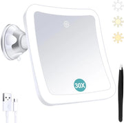 Vergrootspiegolo con illuminazione, 30x ingrandimento, specchietto per trucco con pulsante a tocco e gancio, ricaricabile, rotante 360°, per bagno e viaggio, quadrato