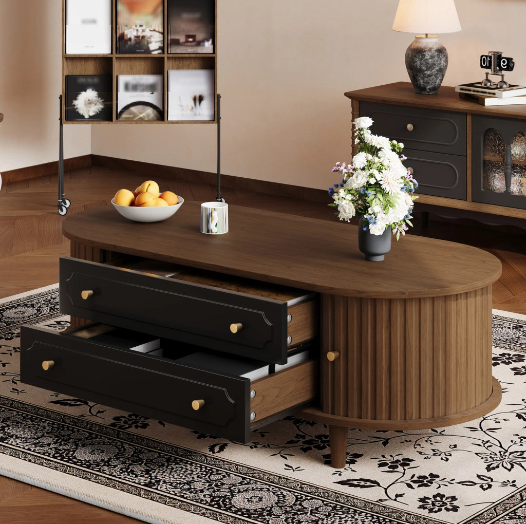 Tavolino da salotto 100x50x36 cm con 2 cassetti e 2 ante a rullo in truciolare; noce e nero