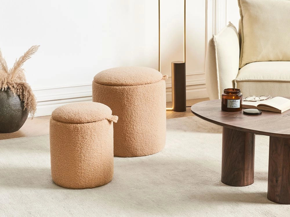 Set di 2 pouf con contenitore Boucle Marrone chiaro Tessuto Teddy Rotondo Pouf imbottiti  Moderno