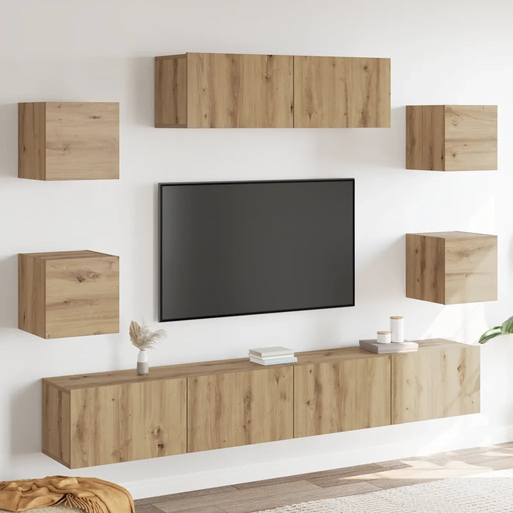 Set Mobile TV 7 pz Montato a Parete Rovere in Legno Multistrato 3329210