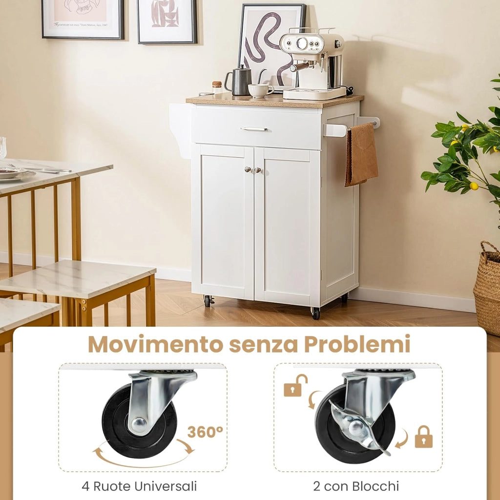Isola da Cucina con Ruote, Carrello da Cucina con Cassetto e Armadio, Porta Spezie e Barre Porta Asciugamani, Armadietto Mobile con Ripiano Regolabile per Sala da Pranzo, 83x48x91 cm