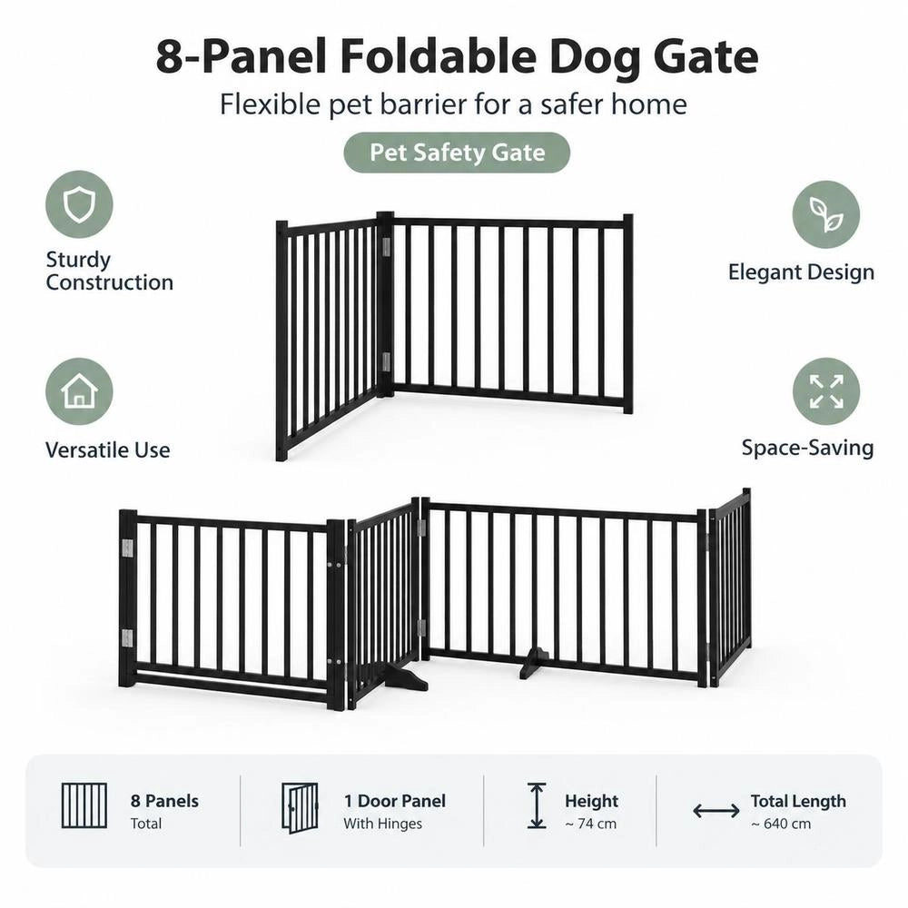 8-piece Dog Gate With Door, Foldable, Black, 640 Cm, Poplar Wood