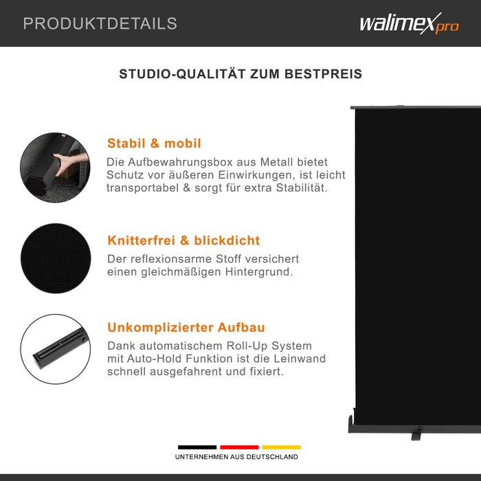 Fondale fotografico a rullo nero 210 x 220 cm, sfondo avvolgibile con supporto, sistema per studi fotografici, pannello ingualcibile ideale per fotografia low-key