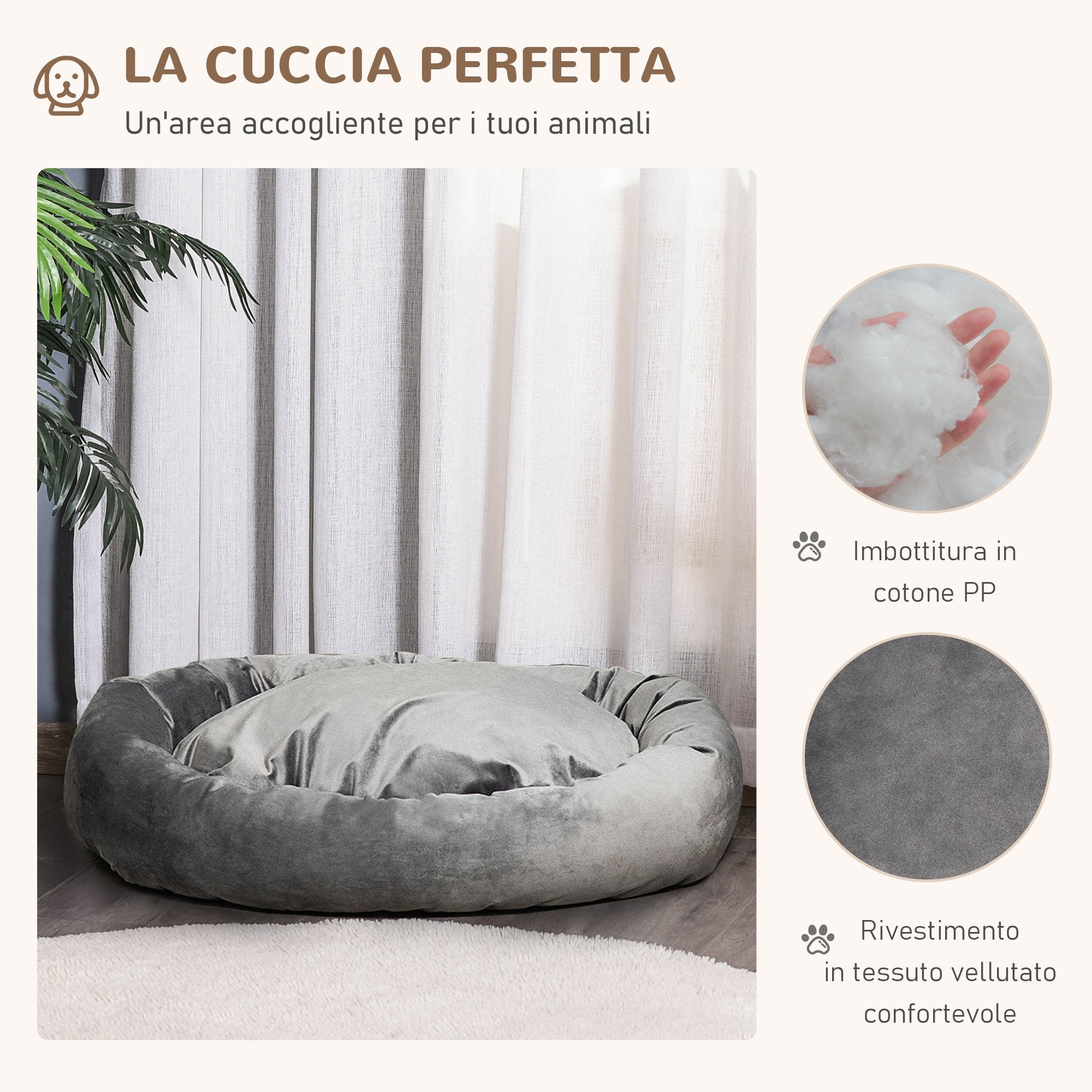 Cuccia Imbottita per Cani 132x89x28 cm in Tessuto Vellutato Grigio Scuro