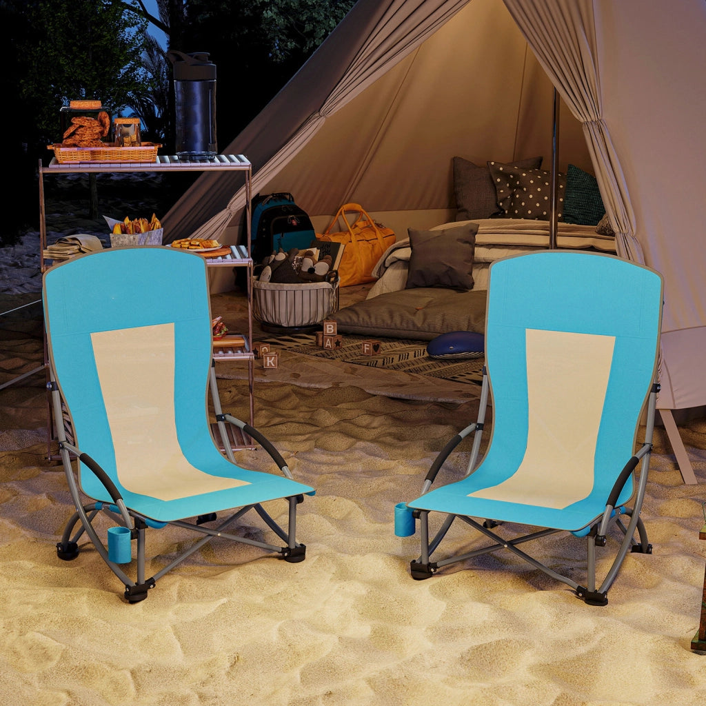 Set 2 Sedie da Spiaggia e Campeggio in Tessuto Pieghevoli con Braccioli con Borsa di Trasporto Blu