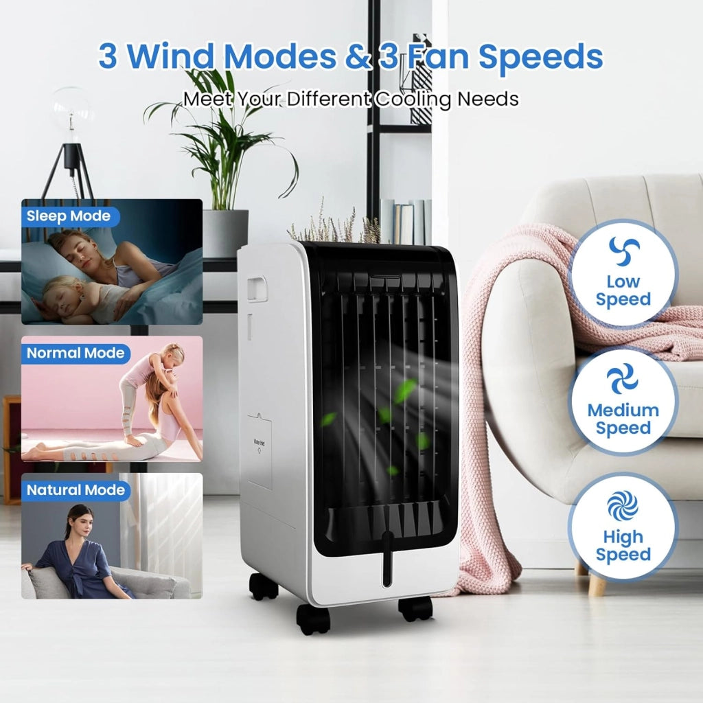Raffreddatore d’Aria 75 W, 3 in 1 Air Cooler & Ventilatore & Umidificatore, 3 Modalità, 3 Velocità Regolabili, Timer 8 H, Serbatoio Acqua 6L, Telecomando, per Salone, Camera da Letto, Ufficio