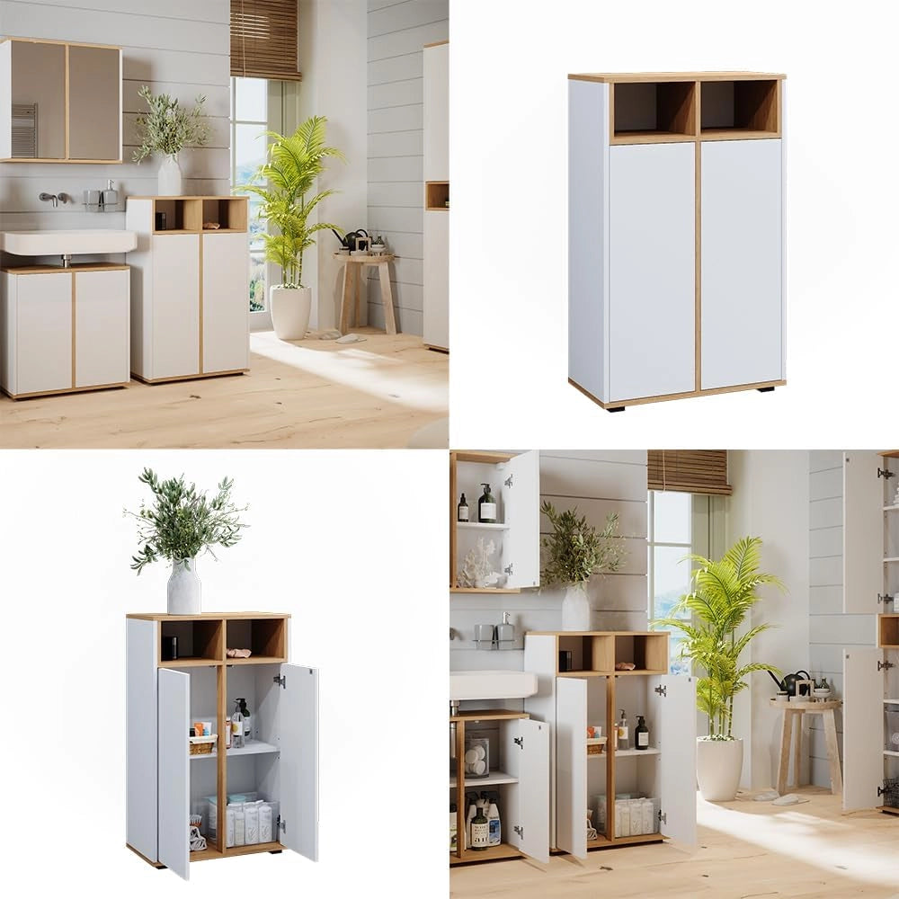Mobiletto bagno Didi, Bianco/Artisan, 60 x 97 cm con 2 porte, per la conservazione di articoli da bagno e prodotti per la cura personale