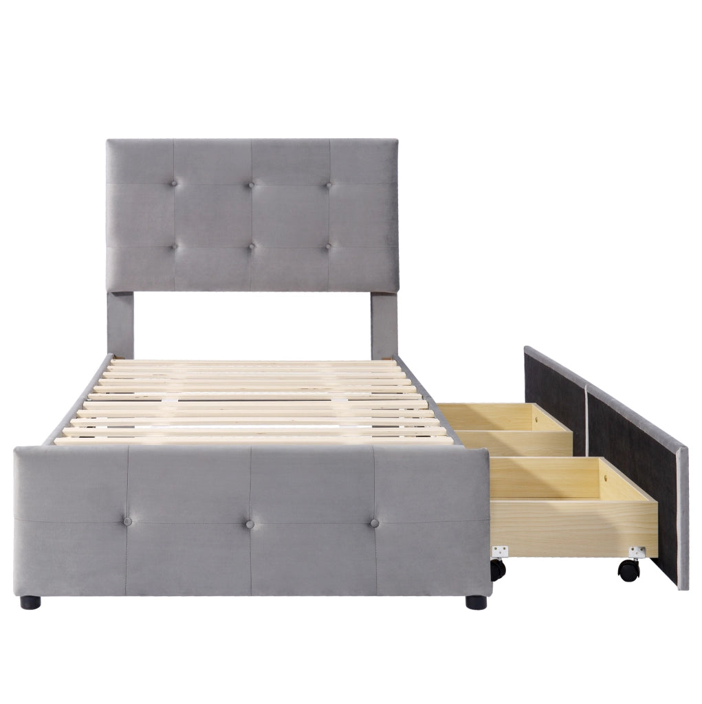 Letto singolo imbottito 90x200 cm con rete a doghe, testiera regolabile e 2 cassetti grigi in velluto
