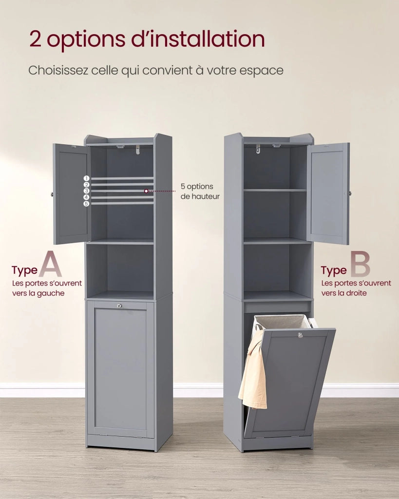 Mobiletto da bagno con cesto per la biancheria armadio alto portaoggetti sacco interno estraibile con maniglie scomparto con anta 40 x 40 x 170 cm grigio 12_0006488