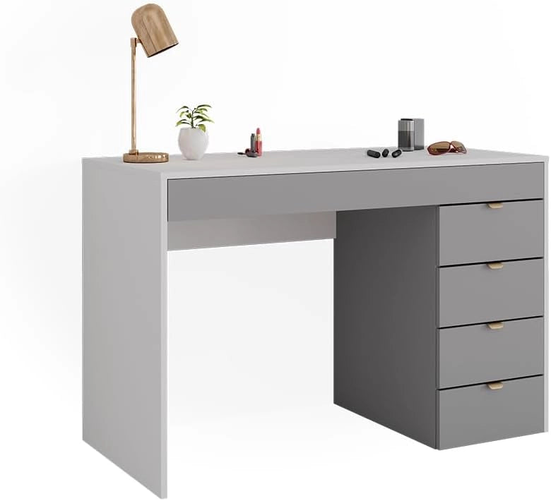 Tavolo da toeletta Elise, Bianco/grigio/grigio, 115 cm con 5 cassetti, da utilizzare come toeletta o superficie d’appoggio in camera da letto