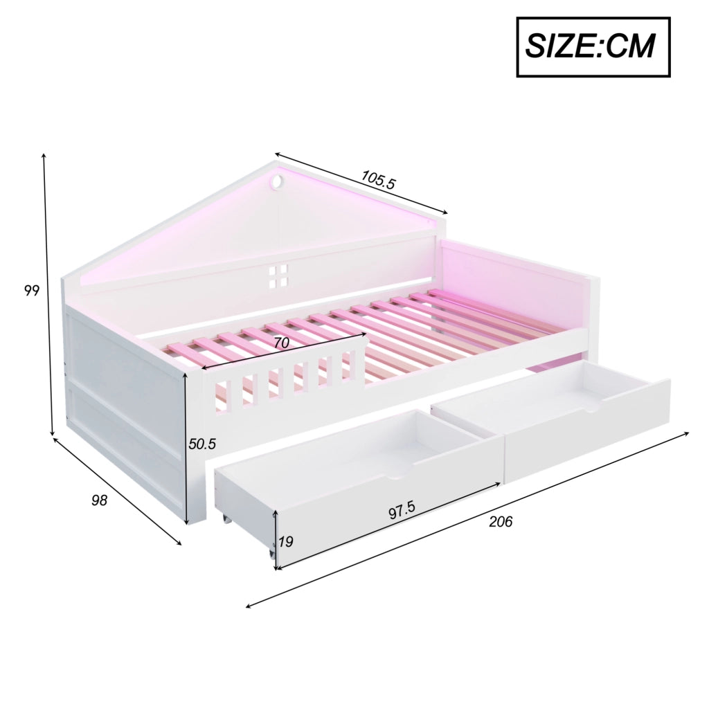 Letto singolo multifunzione 90x200 cm con LED e 2 cassetti; in legno massello e MDF; bianco