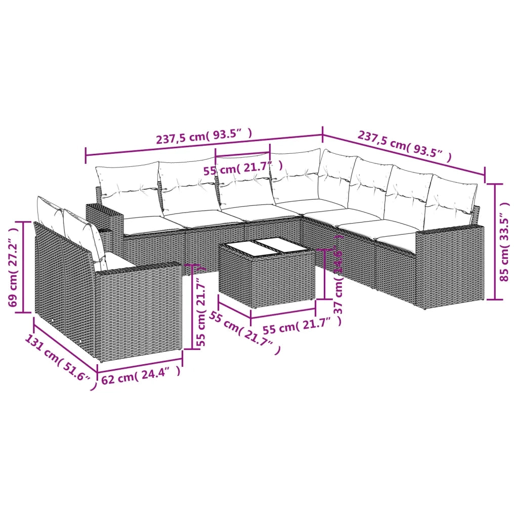 Set Divano da Giardino 10 pz con Cuscini Beige in Polyrattan 3251496