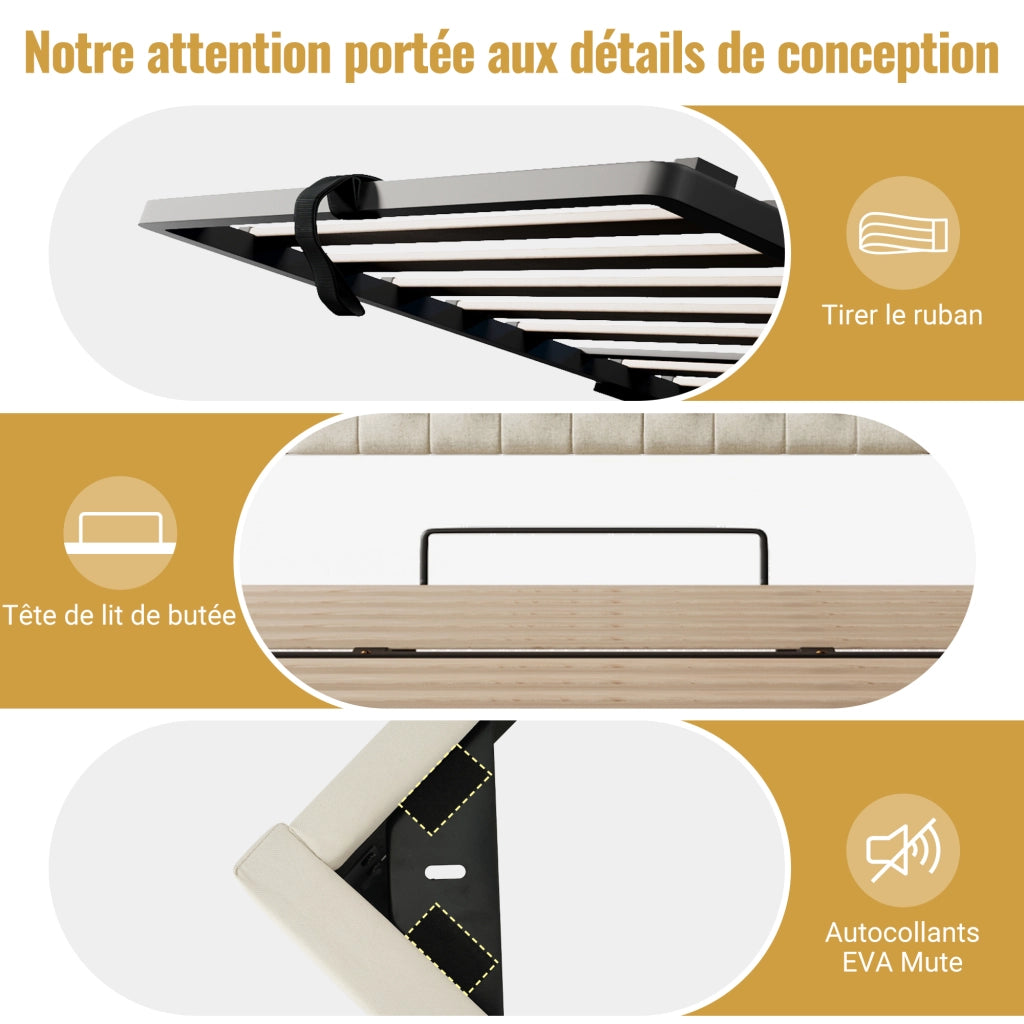Letto contenitore 140 × 200 cm con LED; testiera imbottita e rete a doghe in legno e metallo beige e noce