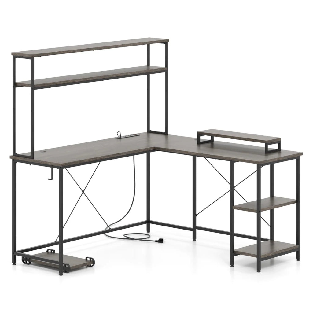 Scrivania per computer a L 145 x 145 x 147 cm con striscia LED e 4 prese CA stile moderno legno ingegnerizzato grigio 20_0010876
