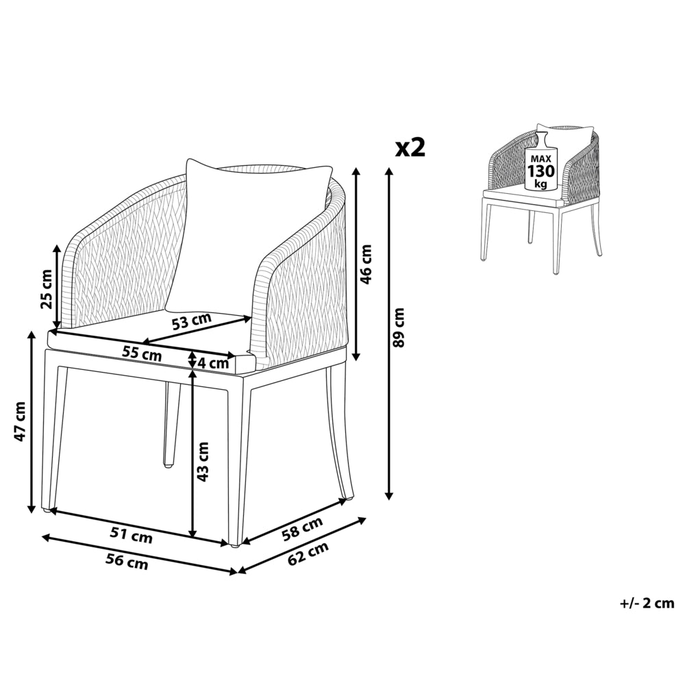 Set di 2 Sedie da Pranzo da Giardino Struttura in Metallo Grigio con Cuscini Intreccio di Corda Design Moderno