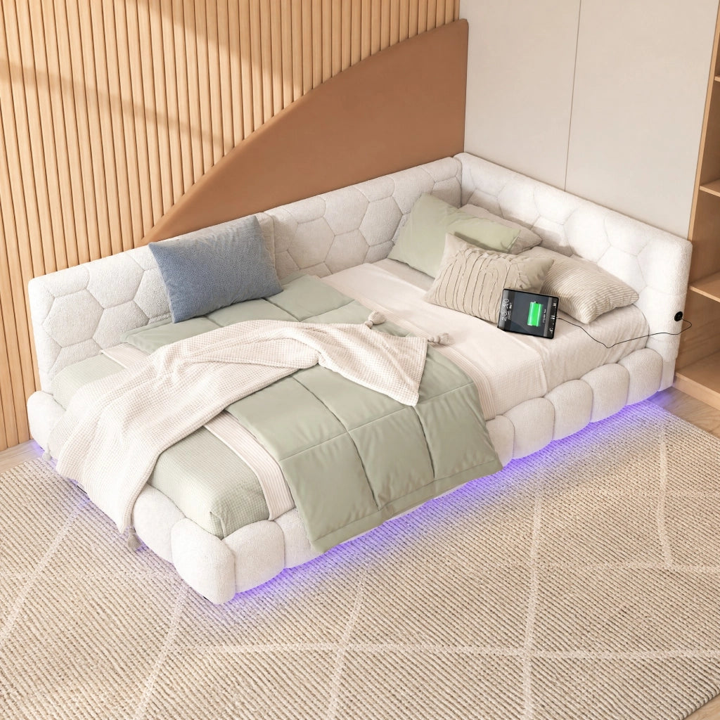 Divano letto 90x200 cm con luce LED a 16 colori; USB e USB-C; bianco