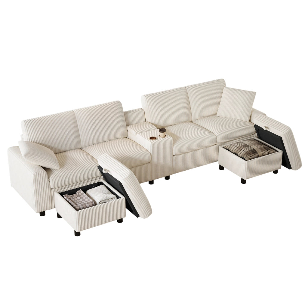 Divano a U in velluto a coste con 2 pouf contenitore; tavolino; USB; Type-C e prese; beige