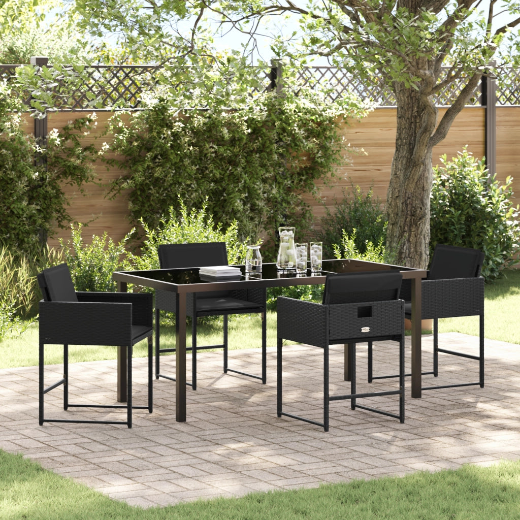 Set da Pranzo da Giardino con Cuscini in 5 Pezzi Rattan Poliestere Nero
