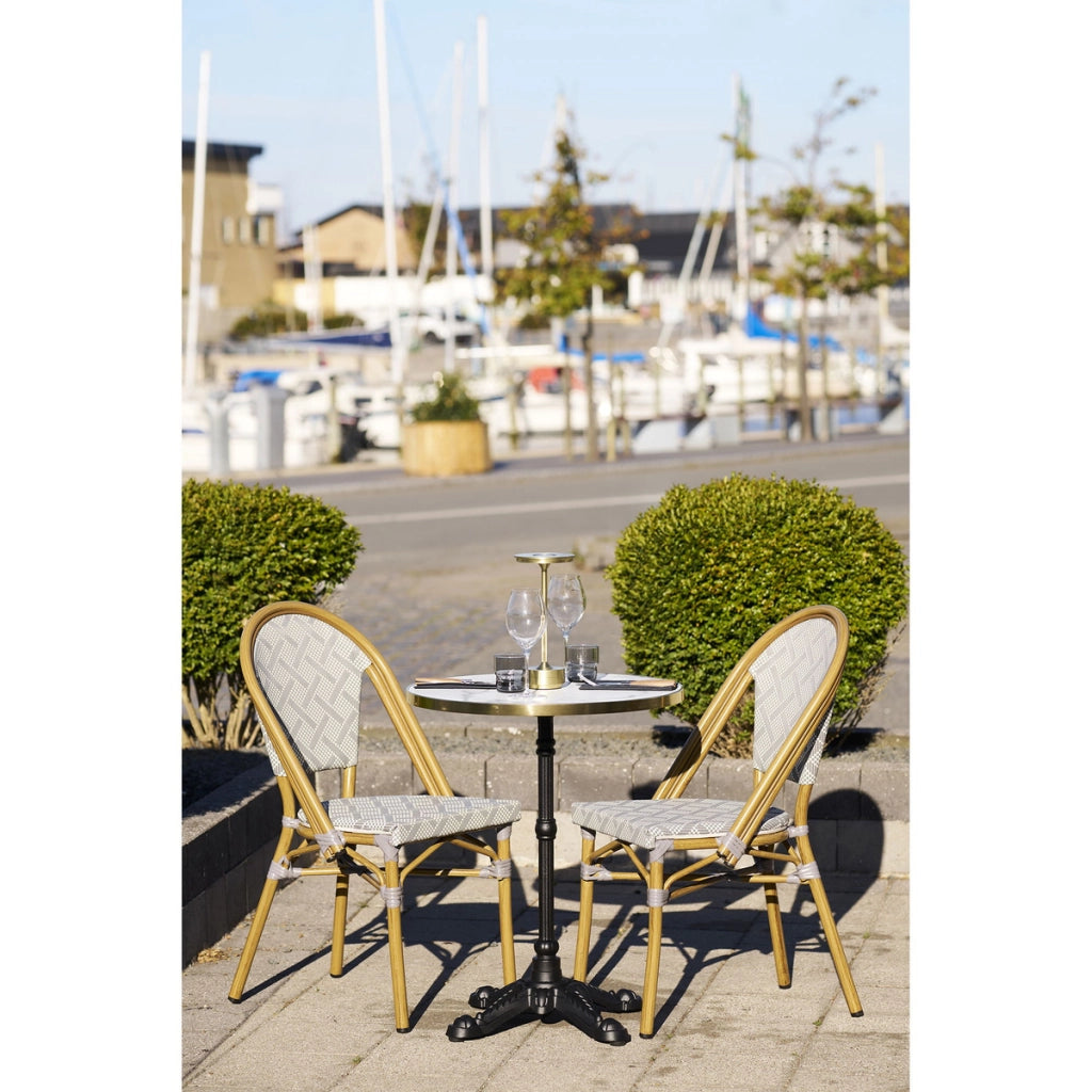 Tavolino bistrot in ghisa effetto marmo bianco con bordo dorato