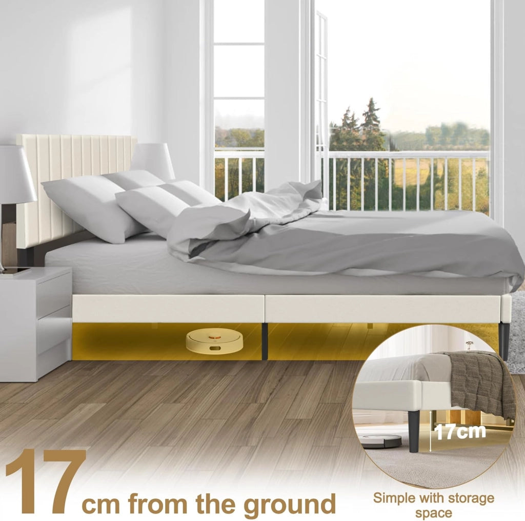 Telaio letto 160 x 200 cm, in metallo con testiera in velluto e rete a doghe, letto per ragazzi, letto matrimoniale, camera degli ospiti, beige