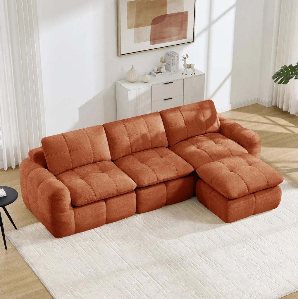 Divano modulare angolare 3 posti con pouf 264x160x68 cm in chenille arancione