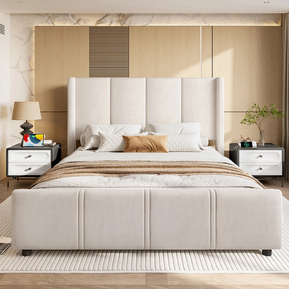 Letto-Xylo-160x200 cm-testiera alta, USB, ferro+legno, beige