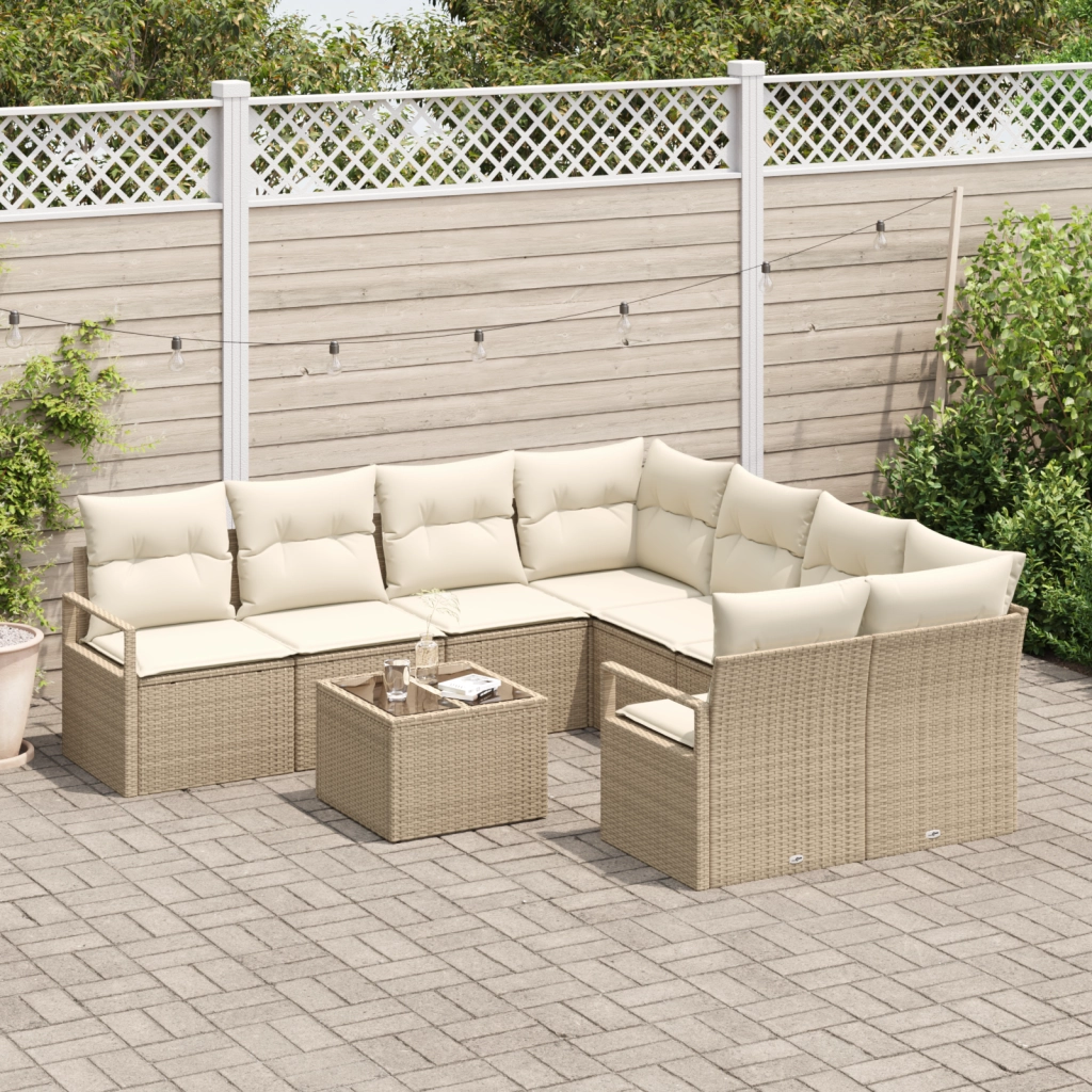 Set Divano da Giardino  a 9 Pezzi con Cuscini Beige in Rattan Sintetico