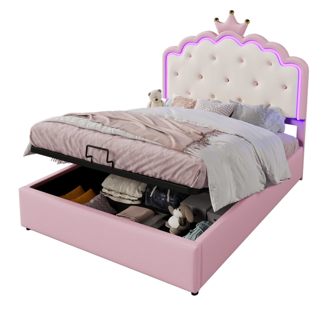 OKWISH Letto Contenitore 140×200 cm, Letto Matrimoniale con LED Regolabile e Contenitore Idraulico, senza Materasso, in PU, Rosa