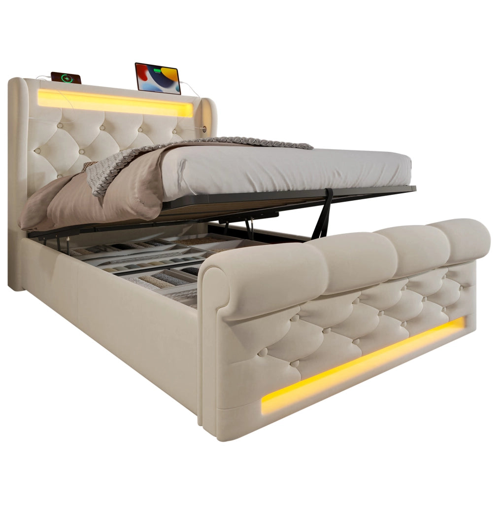Letto singolo imbottito 90x200 cm in velluto beige con LED; ricarica USB e Type C; contenitore idraulico