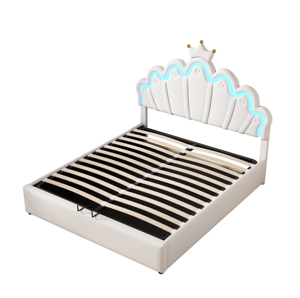 Letto imbottito 140x200 cm con contenitore e LED; testiera a nuvola con corona; PU bianco