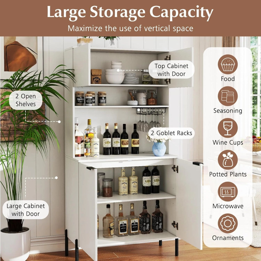 Mobile Buffet con Stazione di Ricarica, Portabicchieri, Vetrina, Credenza Cucina con Ripiani Regolabili, Mobiletto Multiuso per Sala da Pranzo, Soggiorno, 80x40x164cm(In 2 Pacchi) (Bianco)
