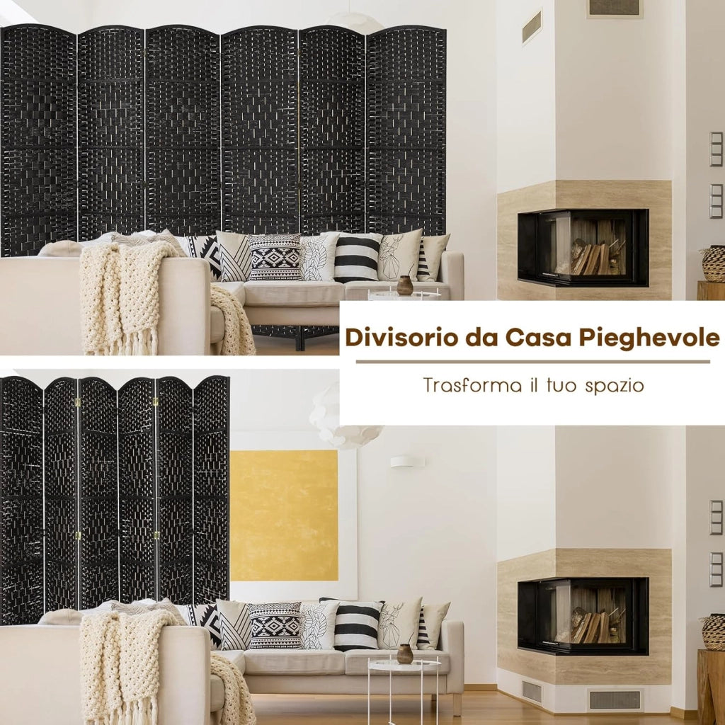 Paravento da Interno ed Esterno 6 Pannelli, Separé Divisorio Pieghevole in Carta Intrecciata a Mano e Cornice in Legno Massello per Camera da Letto, Soggiorno e Ufficio, 273 x 180 cm (Nero)