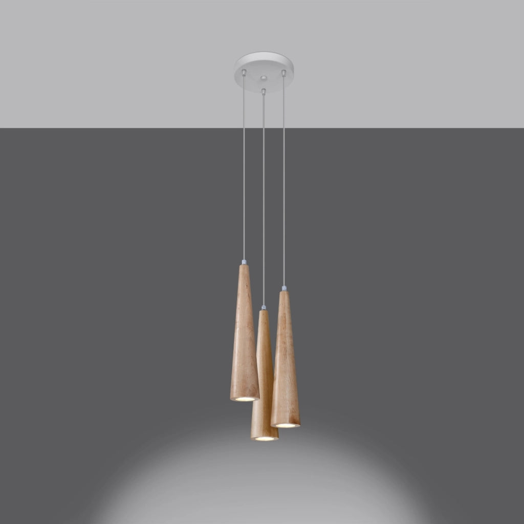 Lampada a sospensione SULA a 3 luci in legno naturale, stile scandinavo, a forma di cono, 120 cm