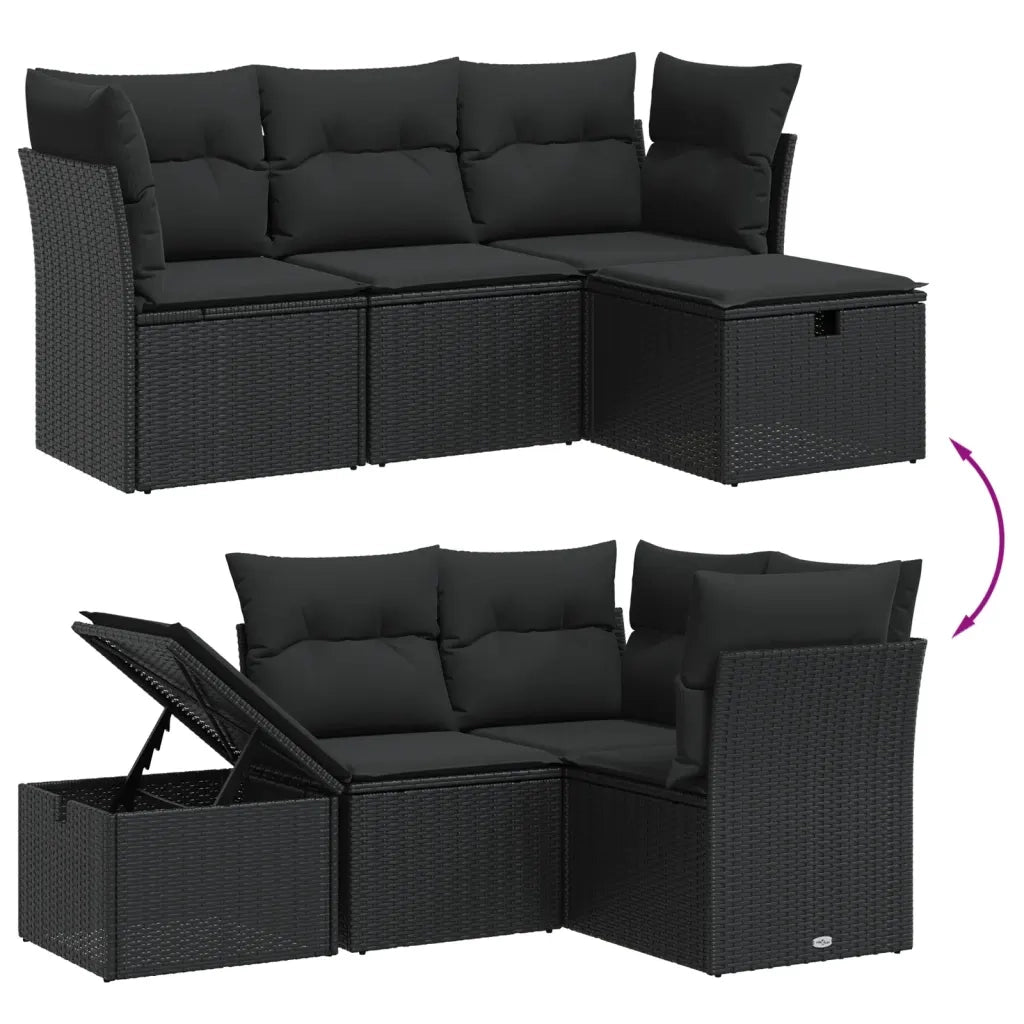 Set Divani da Giardino 4 pz con Cuscini Nero in Polyrattan