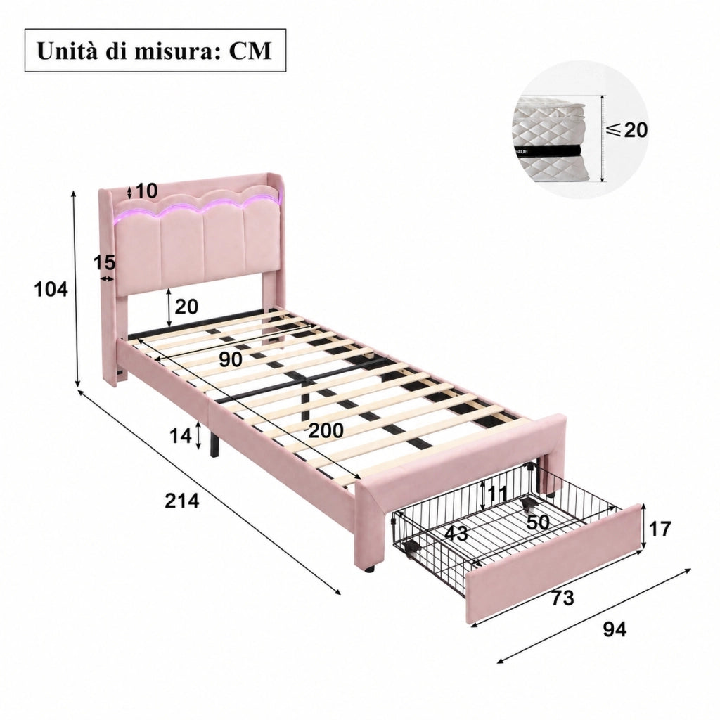 Letto imbottito per bambini 90x200 cm con cassetto e LED; velluto rosa