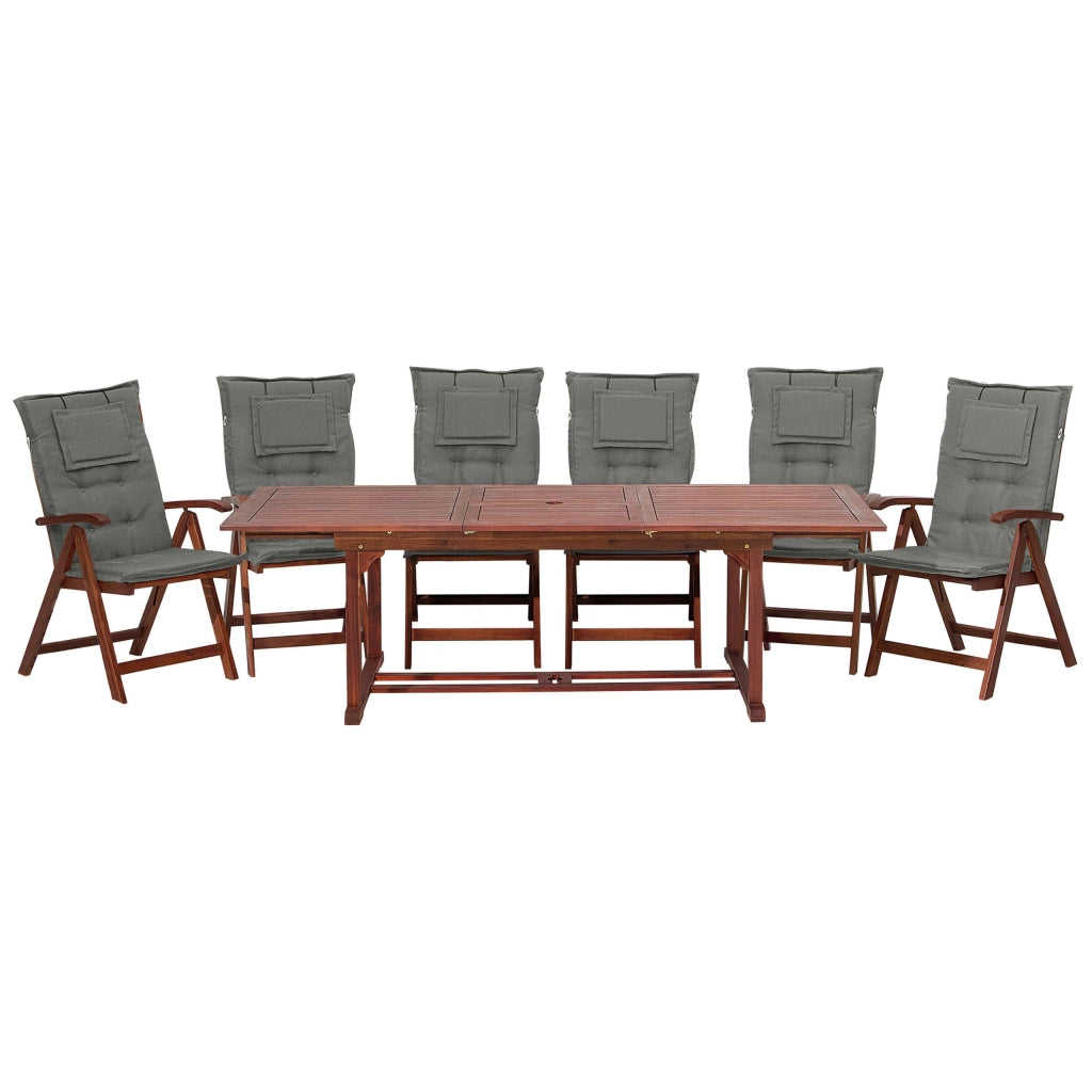 Set da pranzo da giardino Tavolo allungabile in legno di acacia chiaro 6 sedie con cuscini grigi Schienale regolabile pieghevole rustico