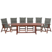 Set da pranzo da giardino Tavolo allungabile in legno di acacia chiaro 6 sedie con cuscini grigi Schienale regolabile pieghevole rustico