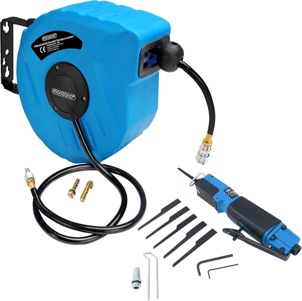 Avvolgitubo per Aria Compressa Tubo 10m 1/4' Sega a Gattuccio + 6 Lame 10.000 U/min