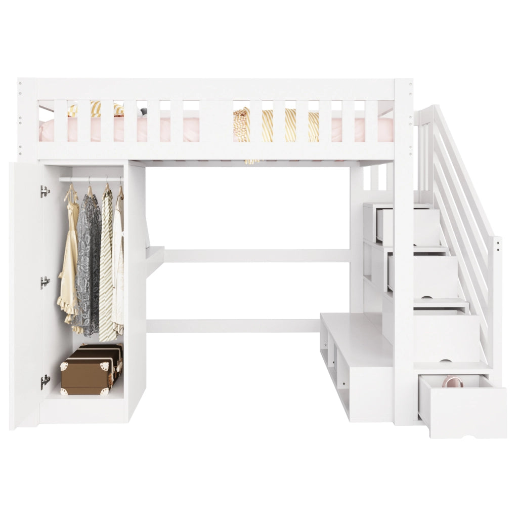 Letto a soppalco multifunzione 140x200 cm bianco in legno con scrivania; LED e contenitori