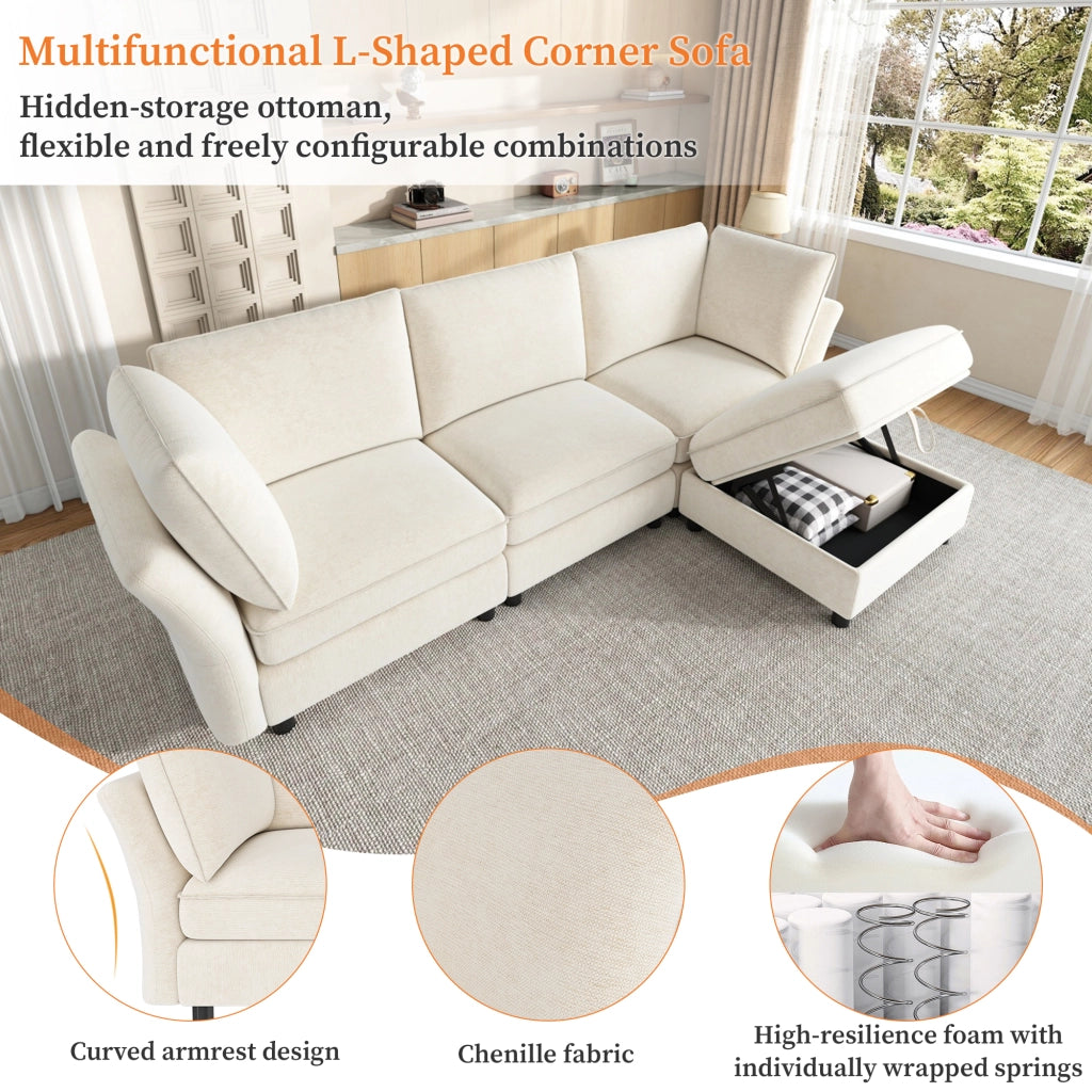 Divano angolare modulare 4 posti con pouf contenitore e seduta morbida in chenille beige per soggiorno