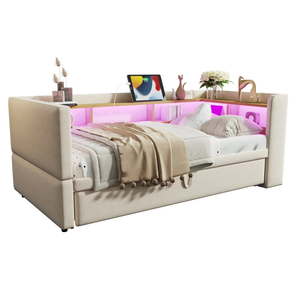 Letto divano estraibile in flanella beige 90/180x190 cm