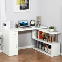 Scrivania Angolare Moderna in Legno con Cassetto, Armadietto e Mensole, Arredamento per Ufficio e Casa, Bianco