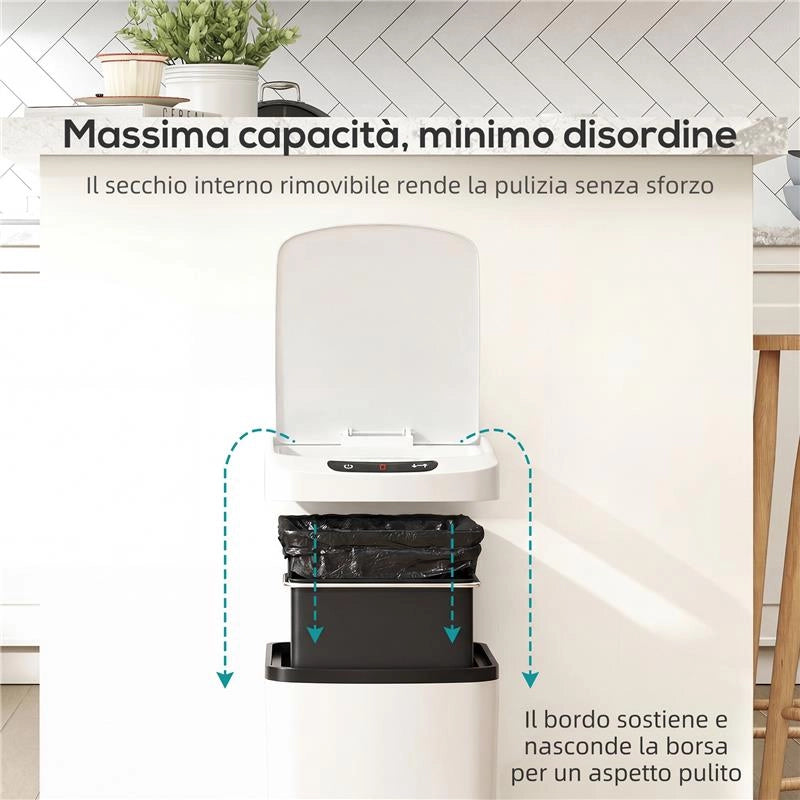 CESTINO RIFIUTI DA 12L A INFRAROSSI CON SECCHIO RIMOVIBILE, IN ACCIAIO INOX, ABS E PP, 28X22X41 CM, BIANCO
